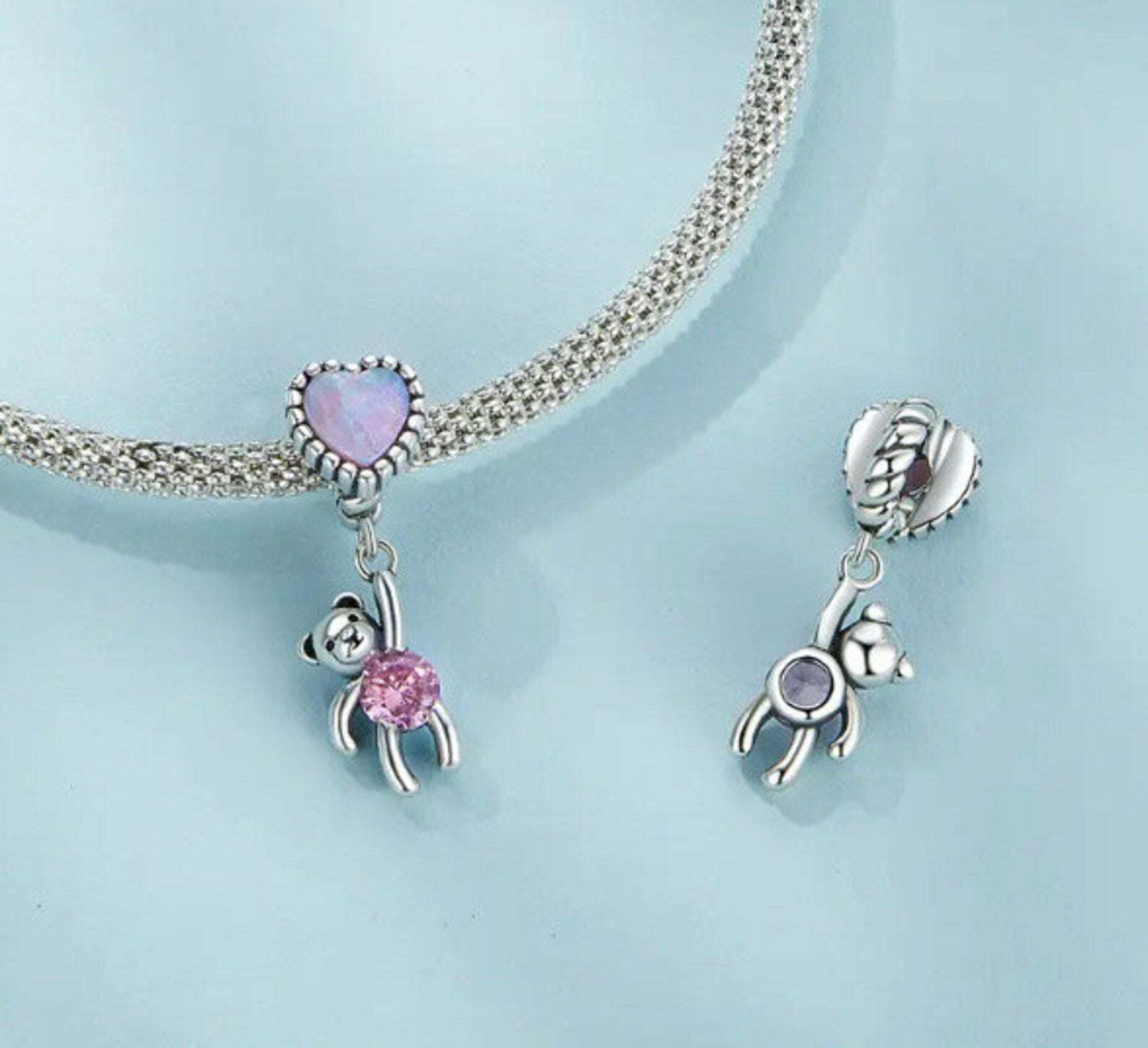 Translucent Opal Balloon Bear Charm, 925 Sterling Silver Charm for Bracelets, Necklace Pendants