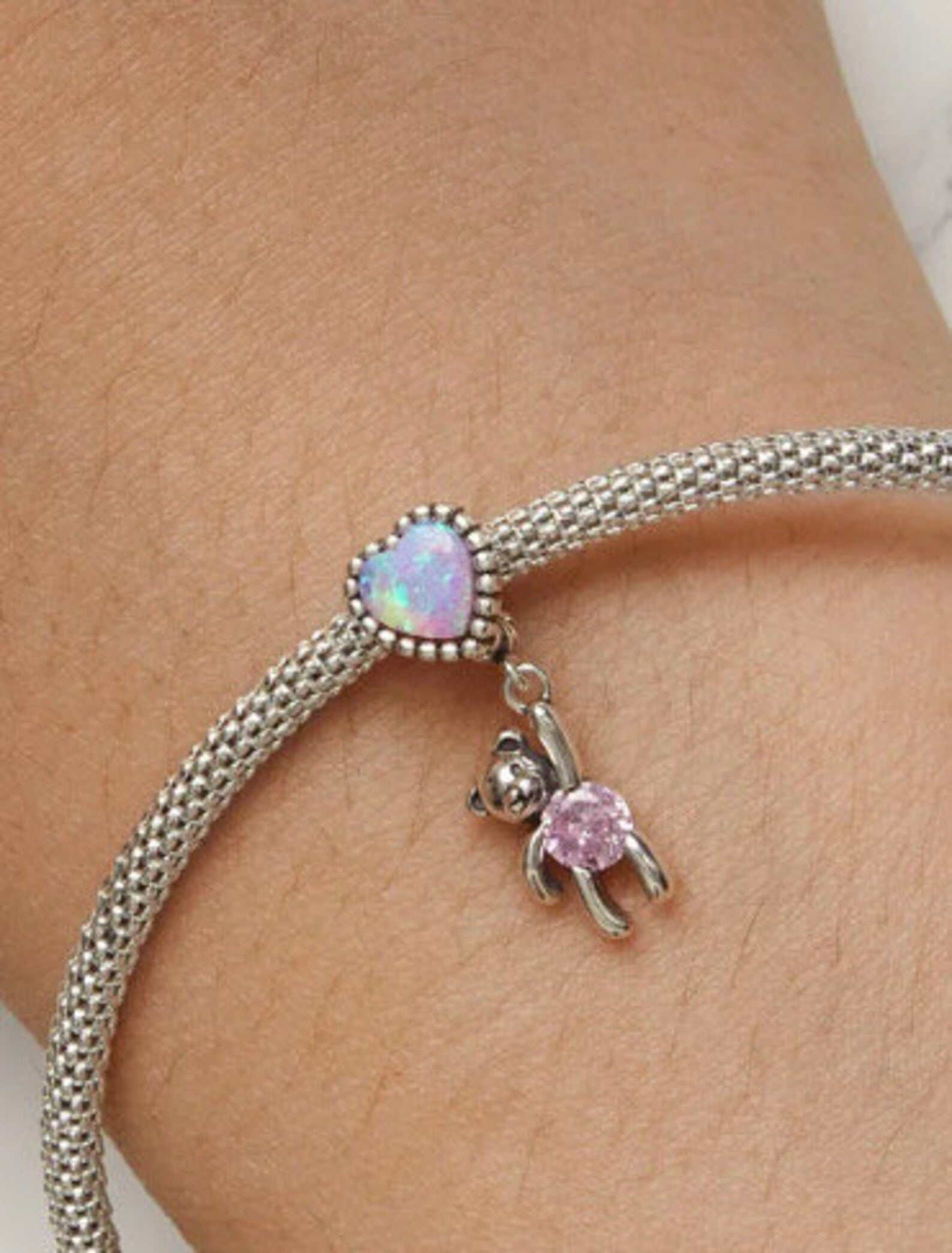 Translucent Opal Balloon Bear Charm, 925 Sterling Silver Charm for Bracelets, Necklace Pendants