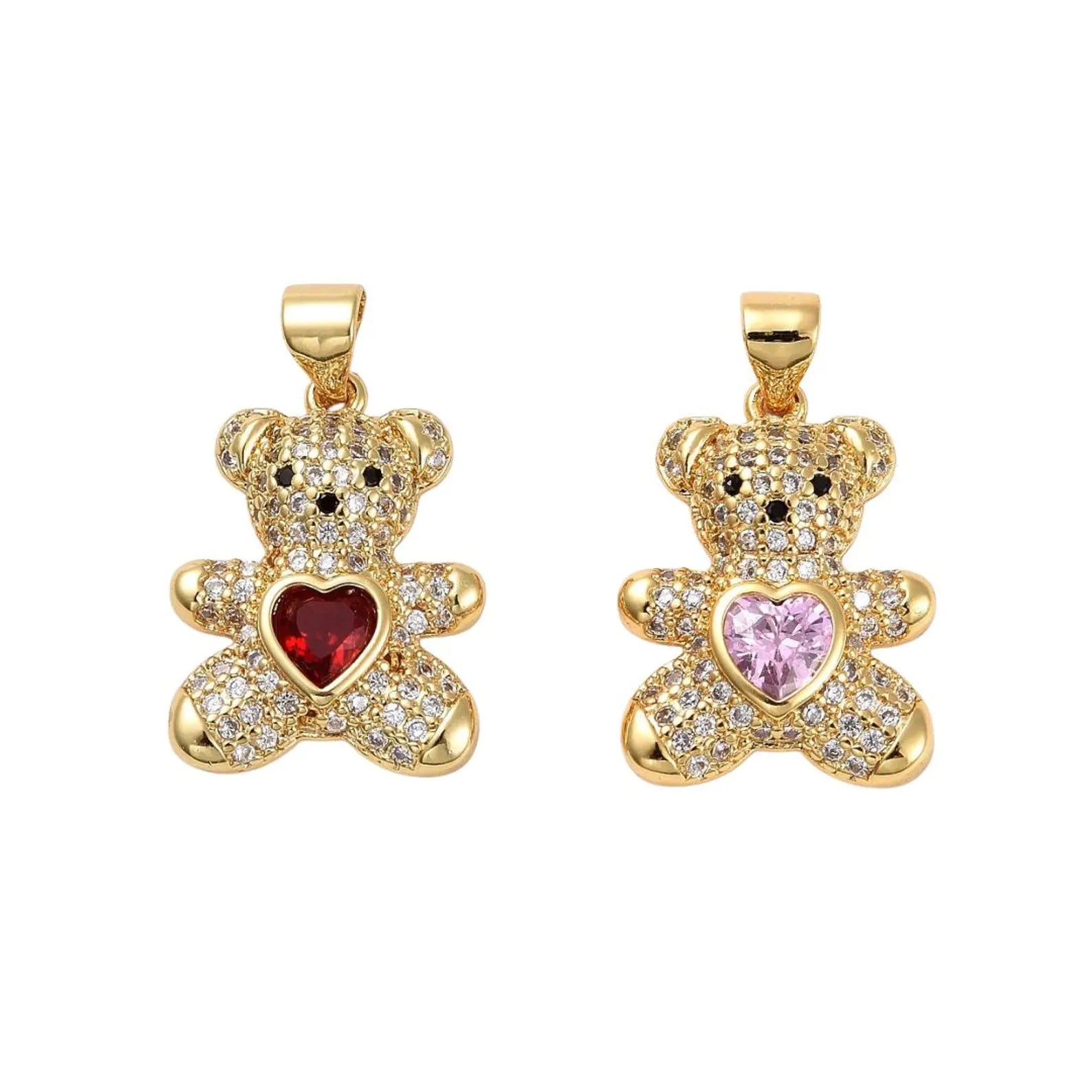 10 Pcs 18K Gold-Plated Cubic Zirconia Heart Teddy Bear Charm | Valentine's Day Charms | Heart Charms