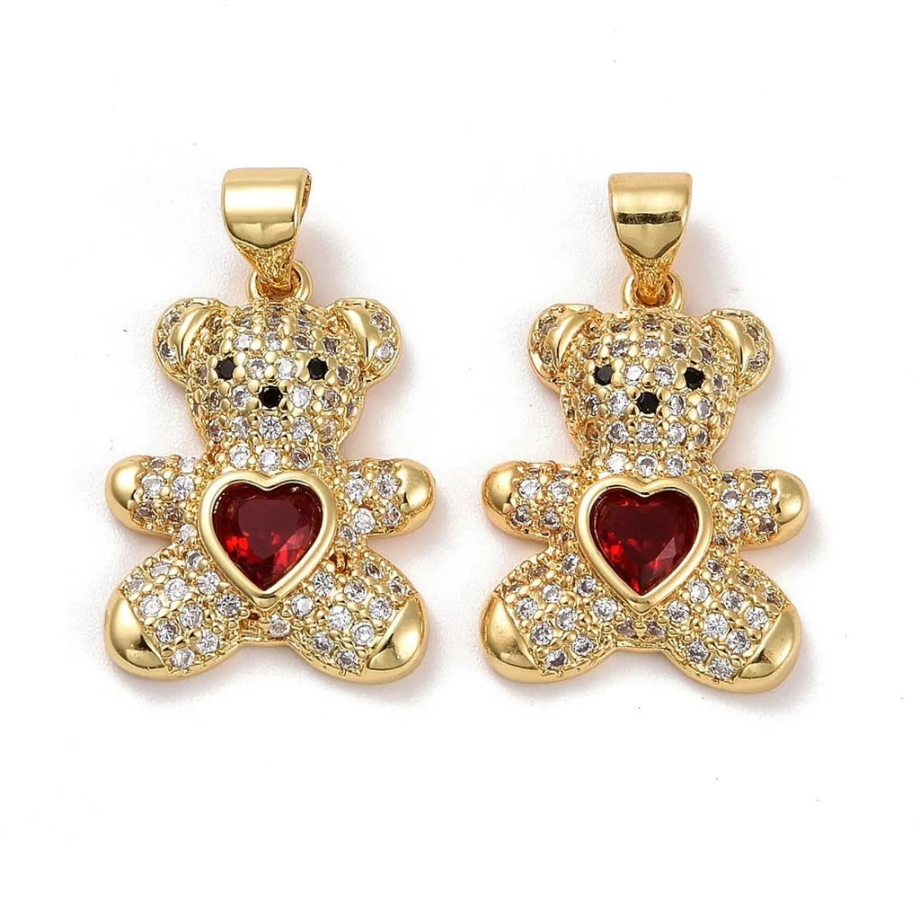 10 Pcs 18K Gold-Plated Cubic Zirconia Heart Teddy Bear Charm | Valentine's Day Charms | Heart Charms