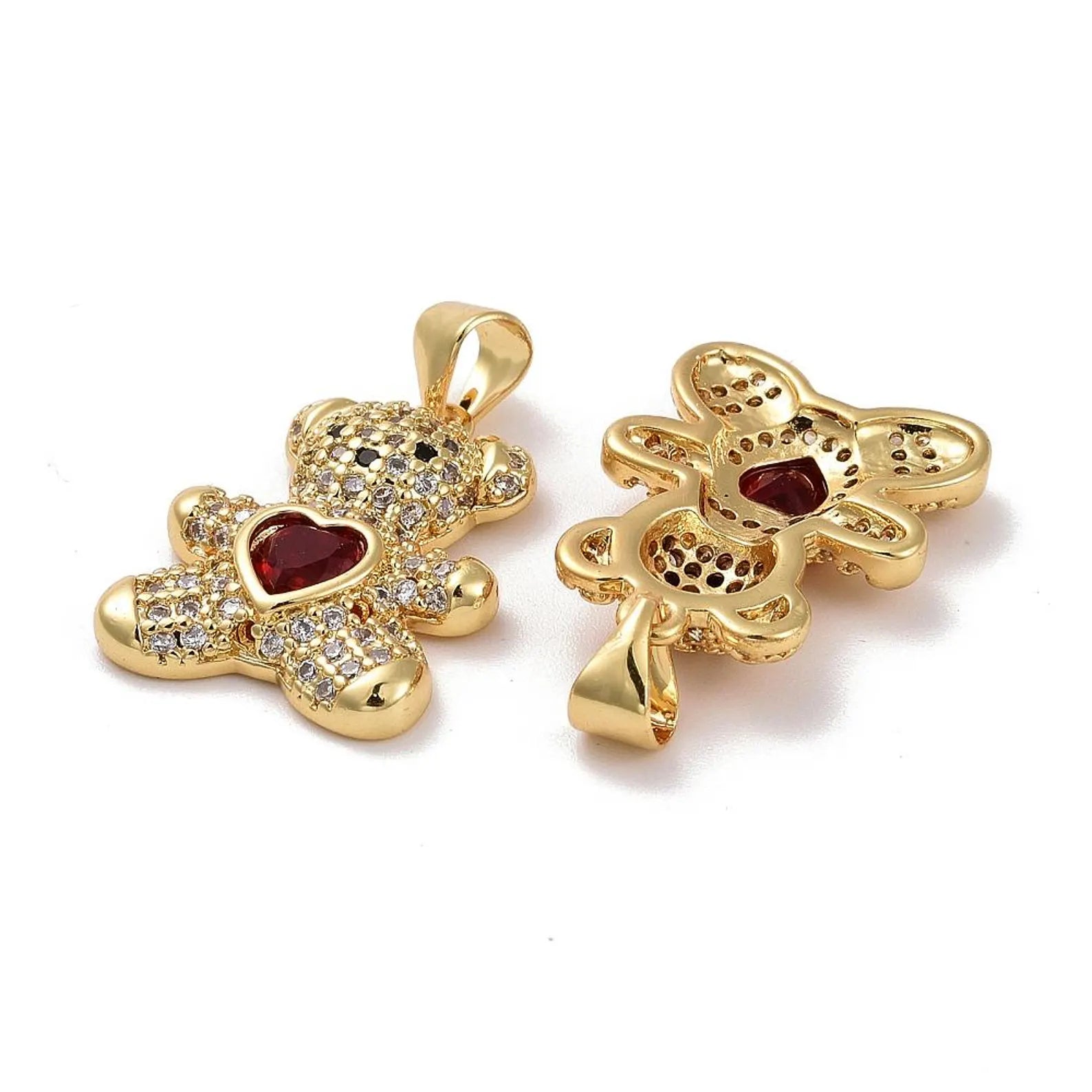 10 Pcs 18K Gold-Plated Cubic Zirconia Heart Teddy Bear Charm | Valentine's Day Charms | Heart Charms