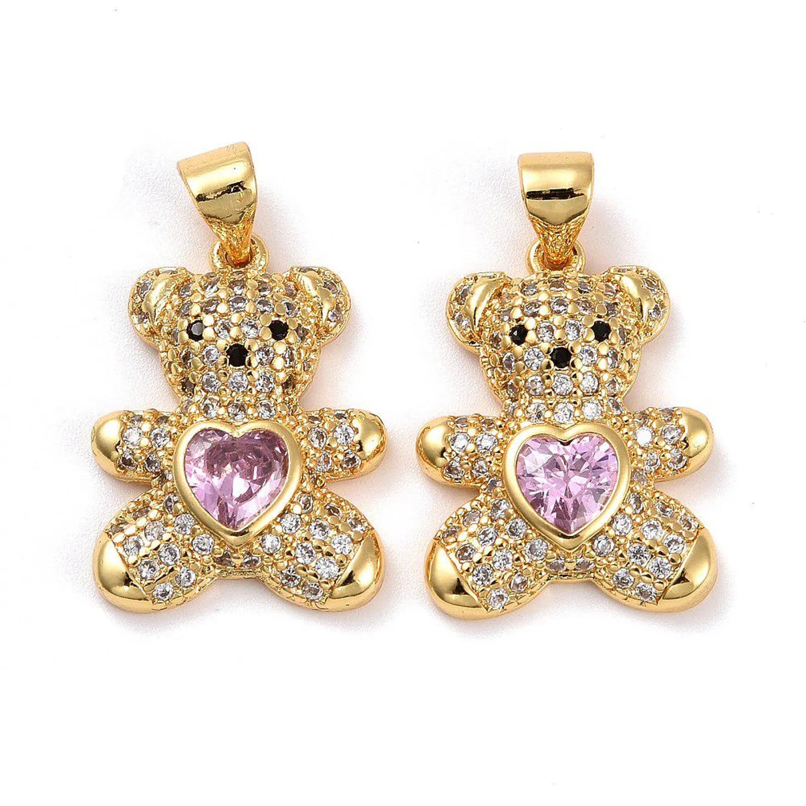 10 Pcs 18K Gold-Plated Cubic Zirconia Heart Teddy Bear Charm | Valentine's Day Charms | Heart Charms
