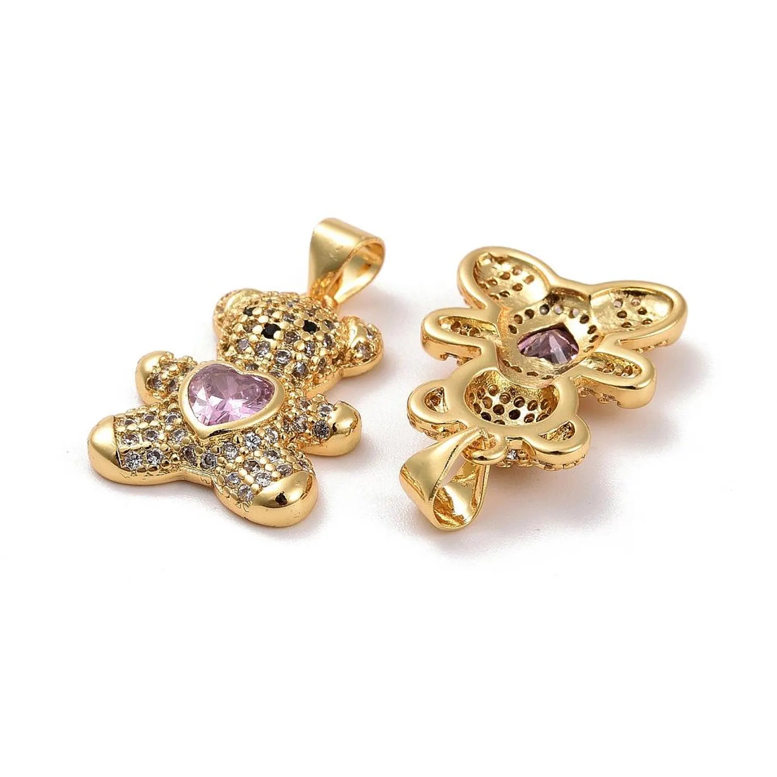 10 Pcs 18K Gold-Plated Cubic Zirconia Heart Teddy Bear Charm | Valentine's Day Charms | Heart Charms