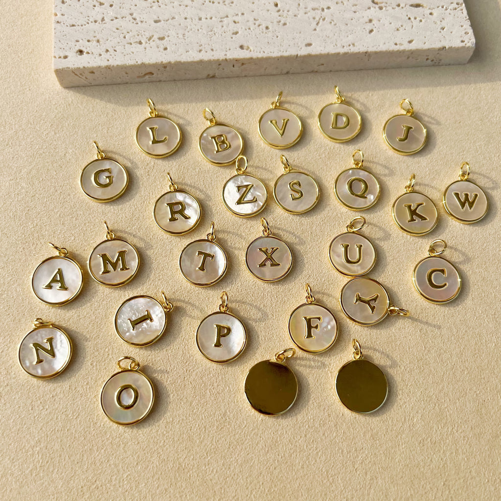 18K Gold Plated Natural Shell Initial Pendant, White Shell Coin Letter Charm, Alphabet Pendant Gift for her