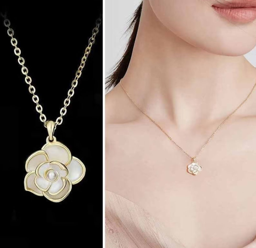 1 PC Beautiful 18K Gold Plated Camellia Flower Pendant with Pearl Accent Ideal for Anniversary Gift