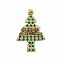Gold Christmas Tree Charm Pendant with Green CZ Stones & “Merry Christmas” Design – Holiday Jewelry Gift for Women