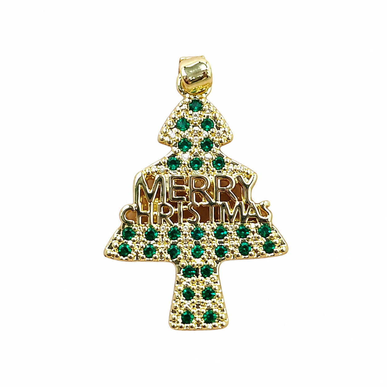 Gold Christmas Tree Charm Pendant with Green CZ Stones & “Merry Christmas” Design – Holiday Jewelry Gift for Women