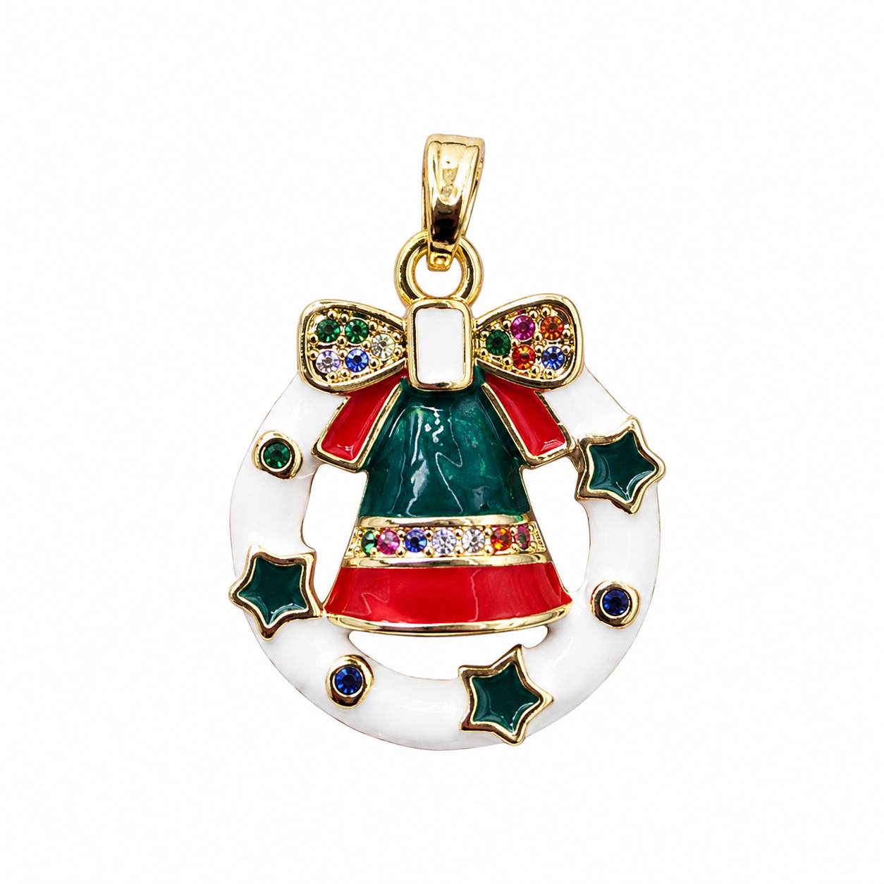 Gold Christmas Wreath Bell Pendant Charm with Colorful CZ Stones – Enamel Holiday Ornament Necklace Charm, Festive Gift for Women