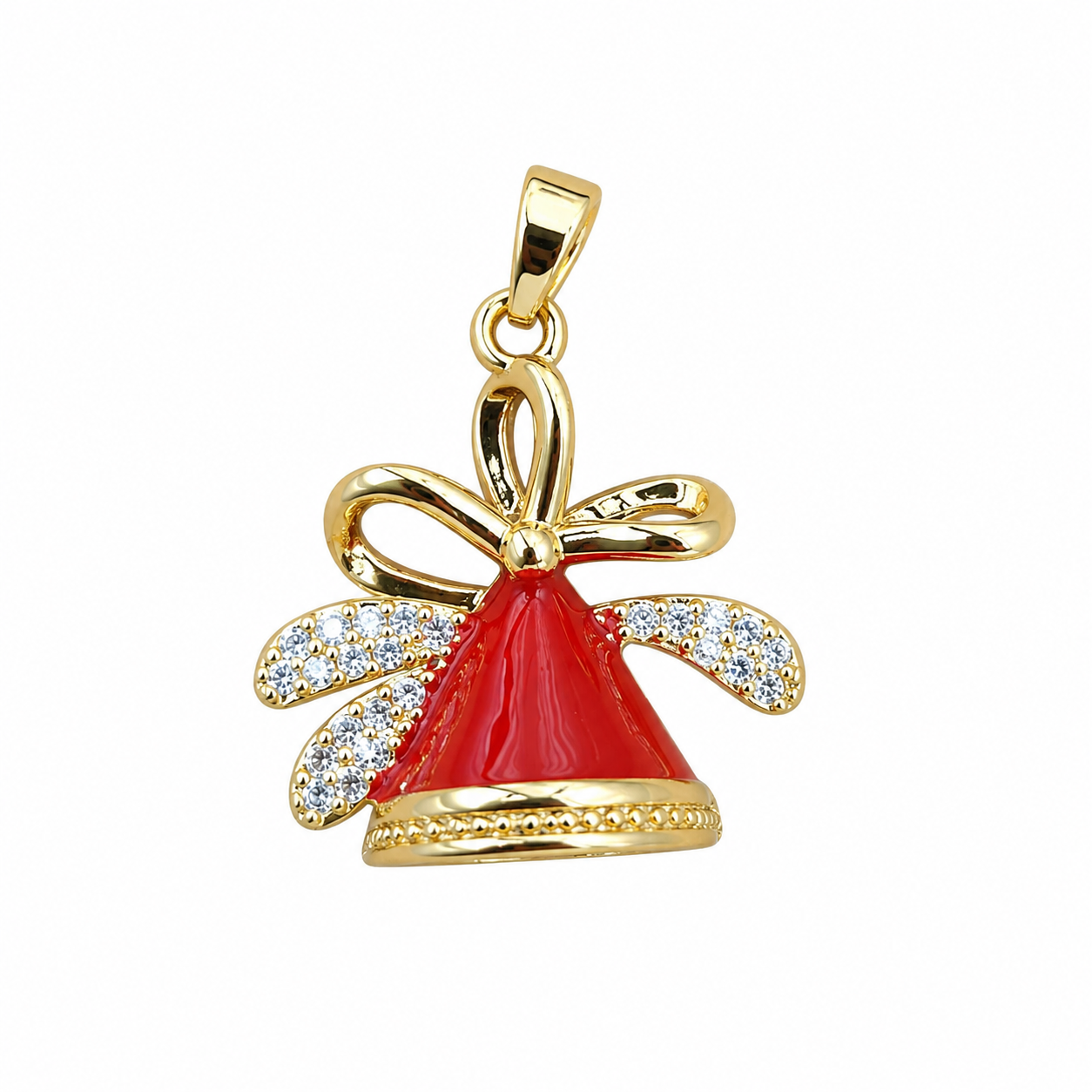 Festive Christmas Bell Pendant with Red Bow and Sparkling CZ Accents – Holiday Charm for a Cozy Winter Look