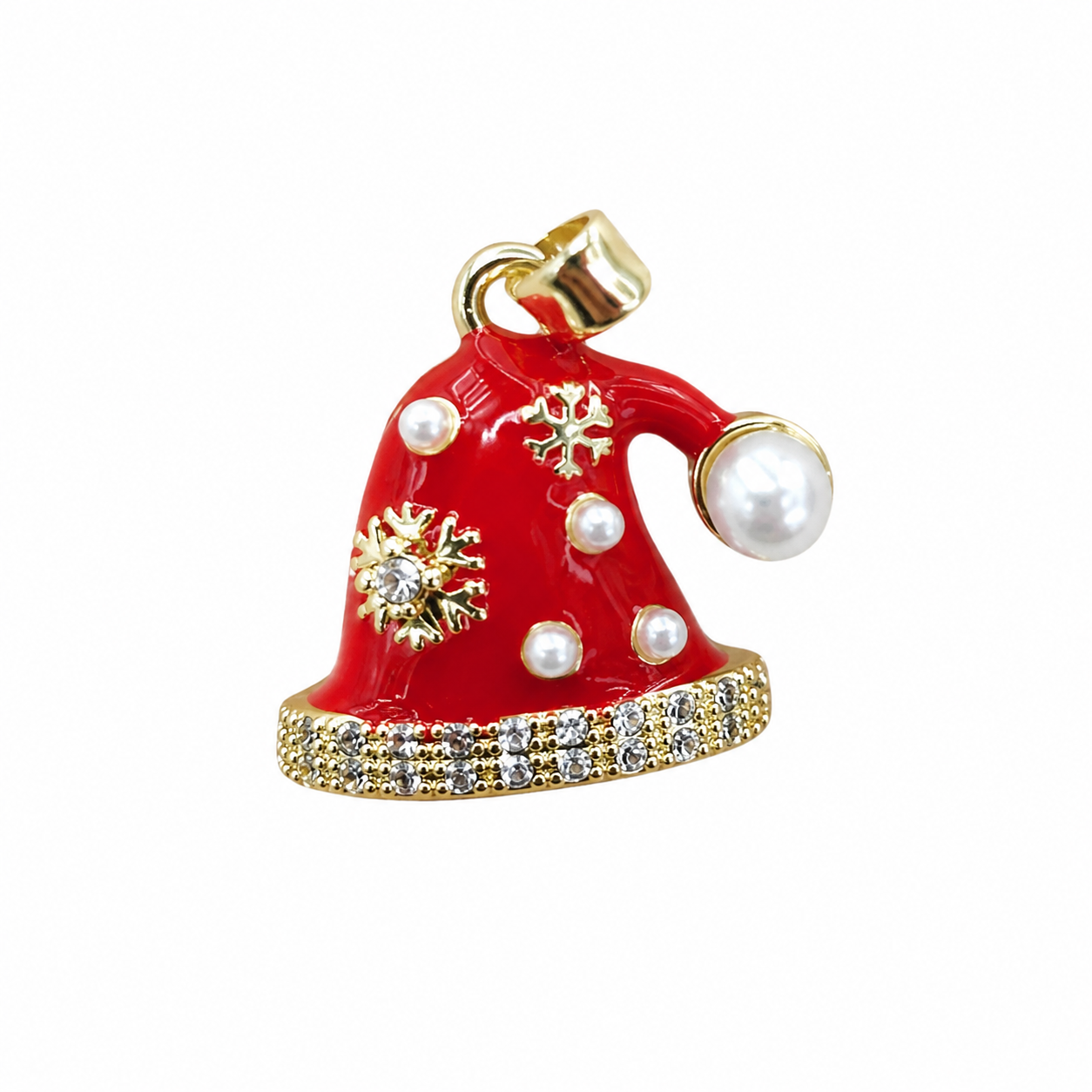A Cozy Christmas Charm – Santa Hat Pendant with Pearl & Sparkling Snowflake Details, Festive Gift for Her