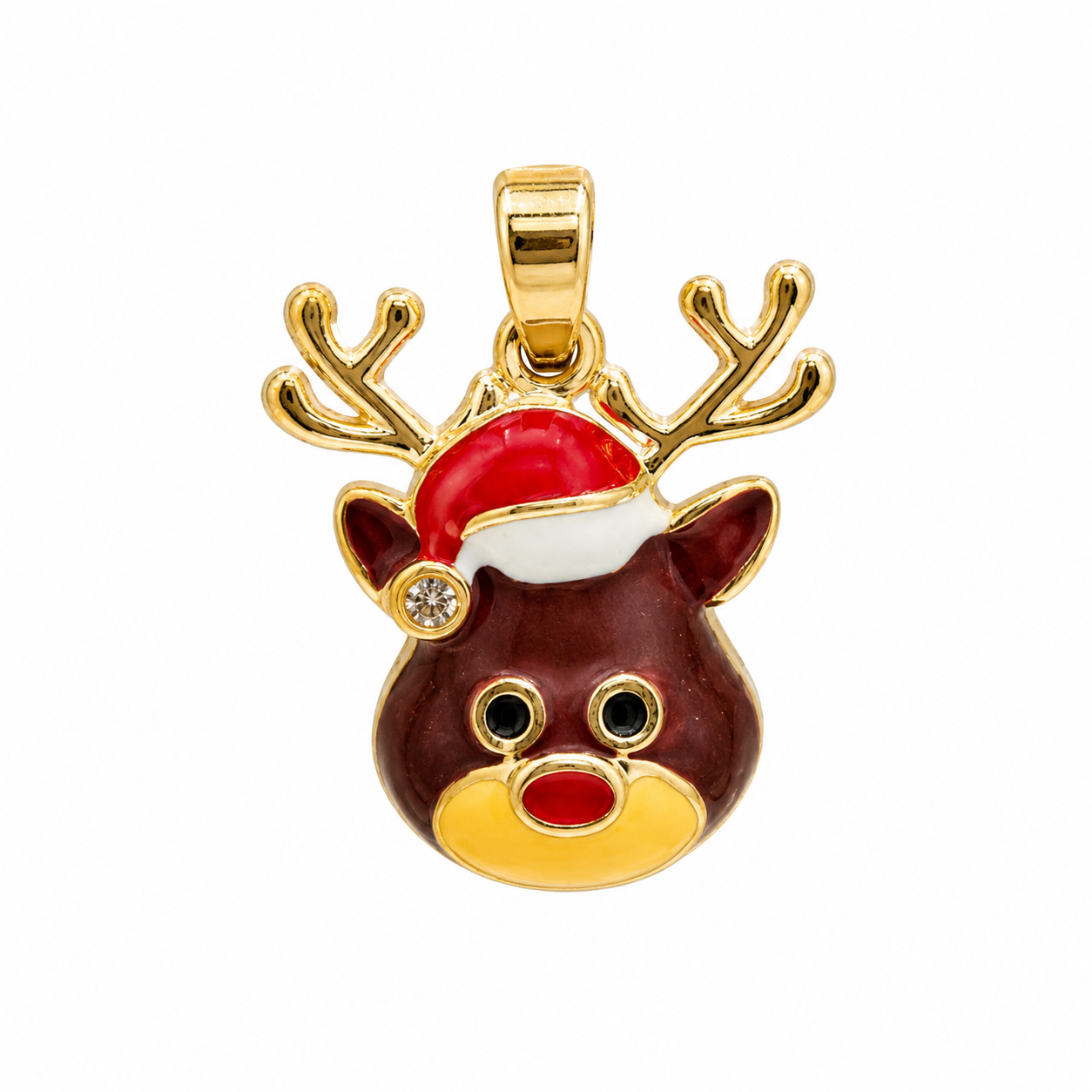 Gold Reindeer Santa Hat Pendant Charm with Enamel Face & Antlers – Christmas Holiday CZ Jewelry Necklace Gift for Women