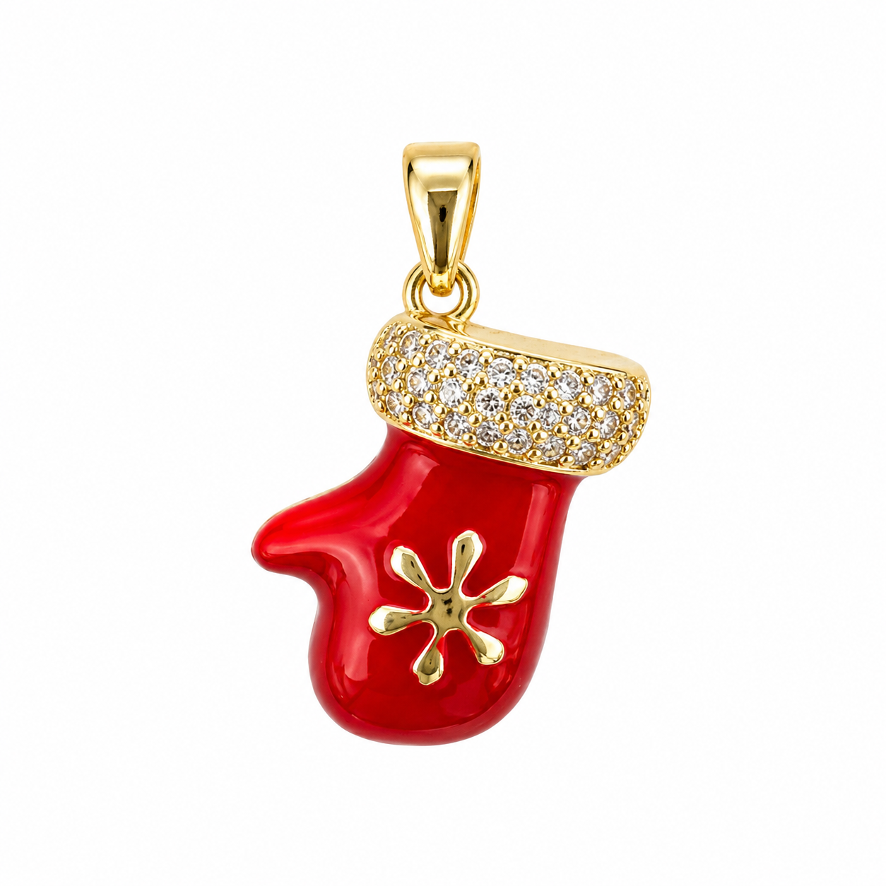 Red Christmas Mitten Pendant Charm Gold Plated with CZ Snowflake Detail & Crystal Accent – Winter Holiday Jewelry Gift for Her