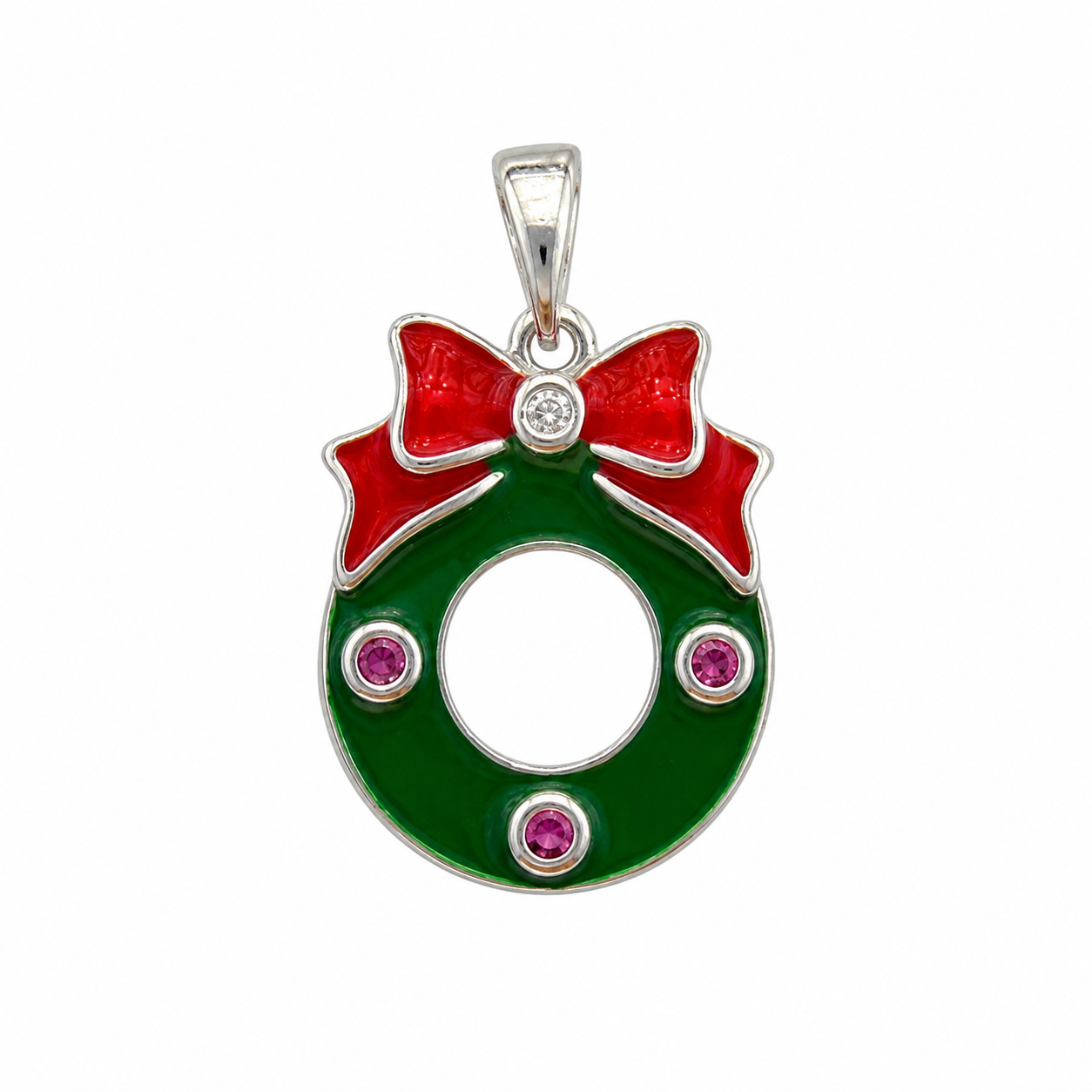 A Festive Holiday Moment – Green Christmas Wreath Pendant with Red Bow and Sparkling CZ Details, Statement Charm Necklace for Her