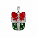 🎁 Christmas Gift Box Charm Necklace – Red & Green Enamel Pendant with Bow & Sparkling CZ Snowflake Holiday Gift for Women