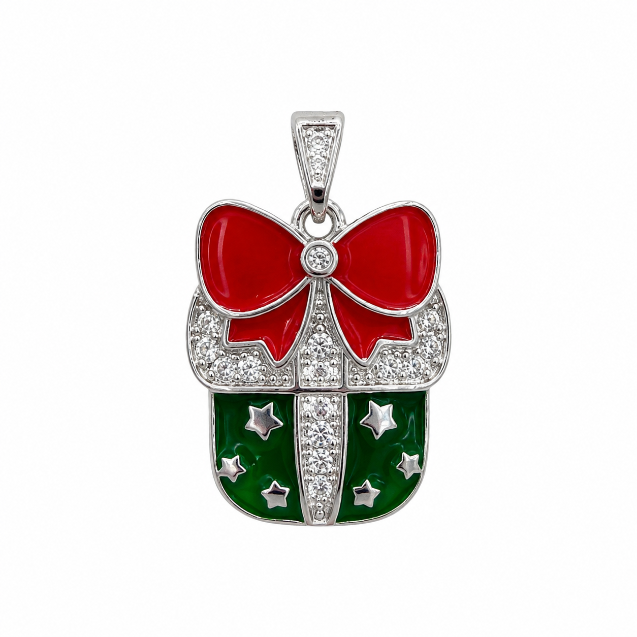 🎁 Christmas Gift Box Charm Necklace – Red & Green Enamel Pendant with Bow & Sparkling CZ Snowflake Holiday Gift for Women