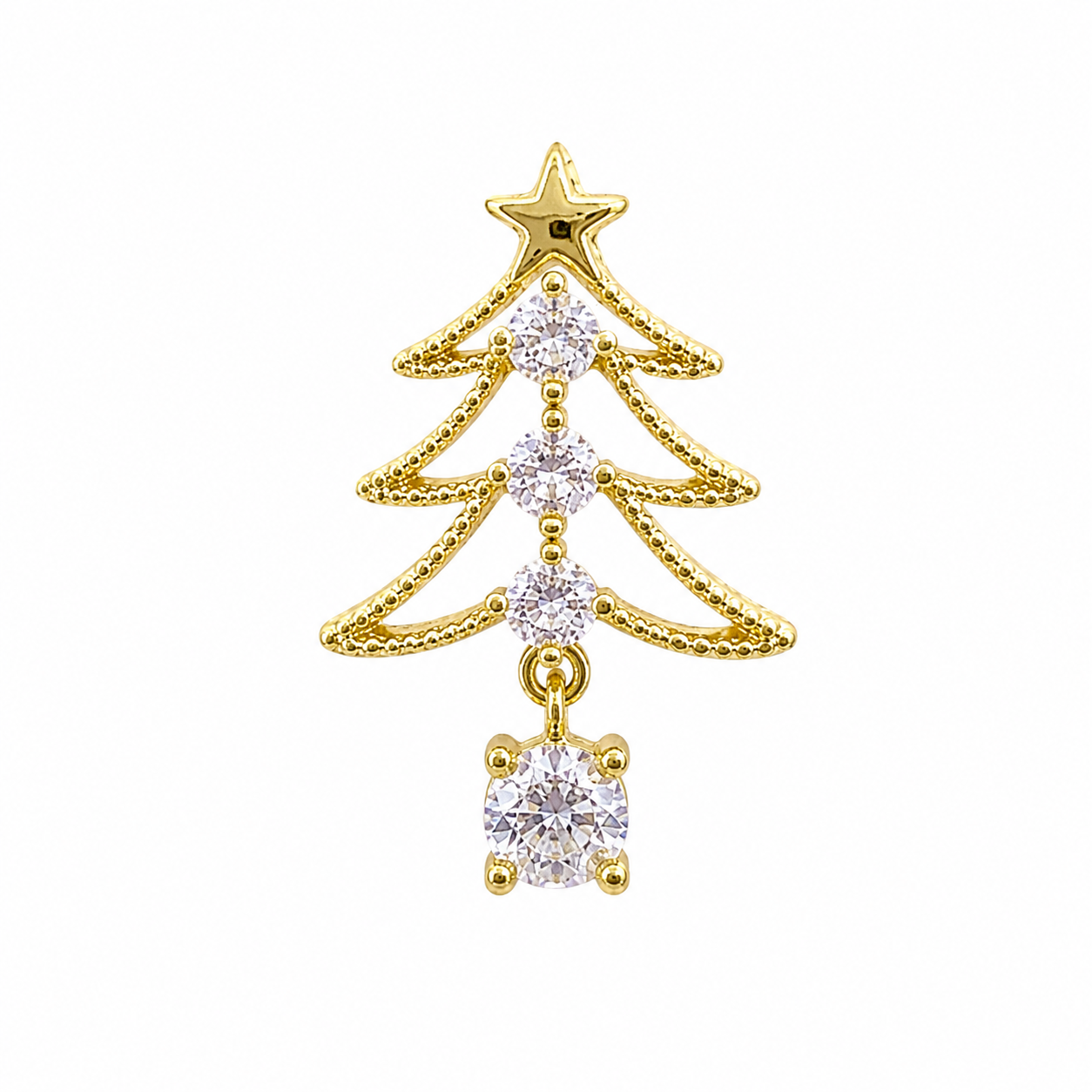 Winter Spark Collection No.05 – Gold Christmas Tree Pendant with CZ Drop Accent & Crystal Star Design Holiday Charm