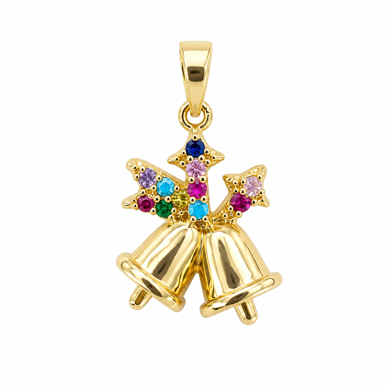 Christmas Double Bell Pendant Charm Gold Plated with Multicolor CZ Stones, Holiday Jewelry Necklace Gift for Women