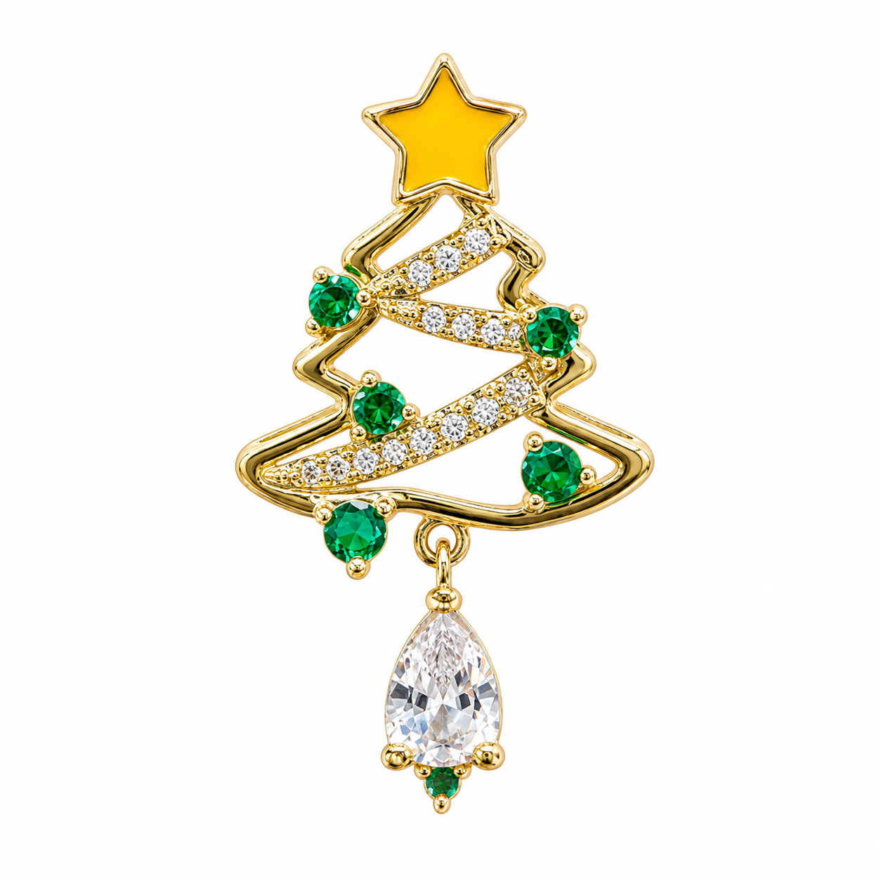 Winter Spark Collection No.03 — Crystal Christmas Tree Pendant with Star Top & Teardrop CZ Drop Accent Gold Jewelry Charm