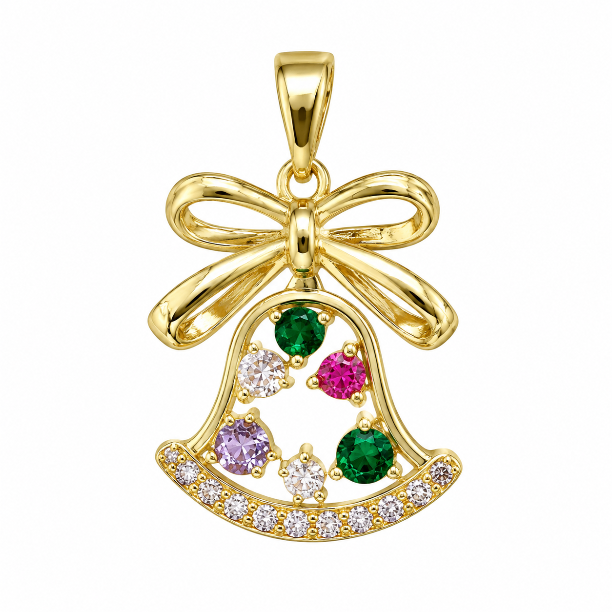 A Golden Bell Wrapped in Celebration — Bow Design Holiday Pendant with Sparkling CZ Accents Christmas Jewelry Charm Necklace