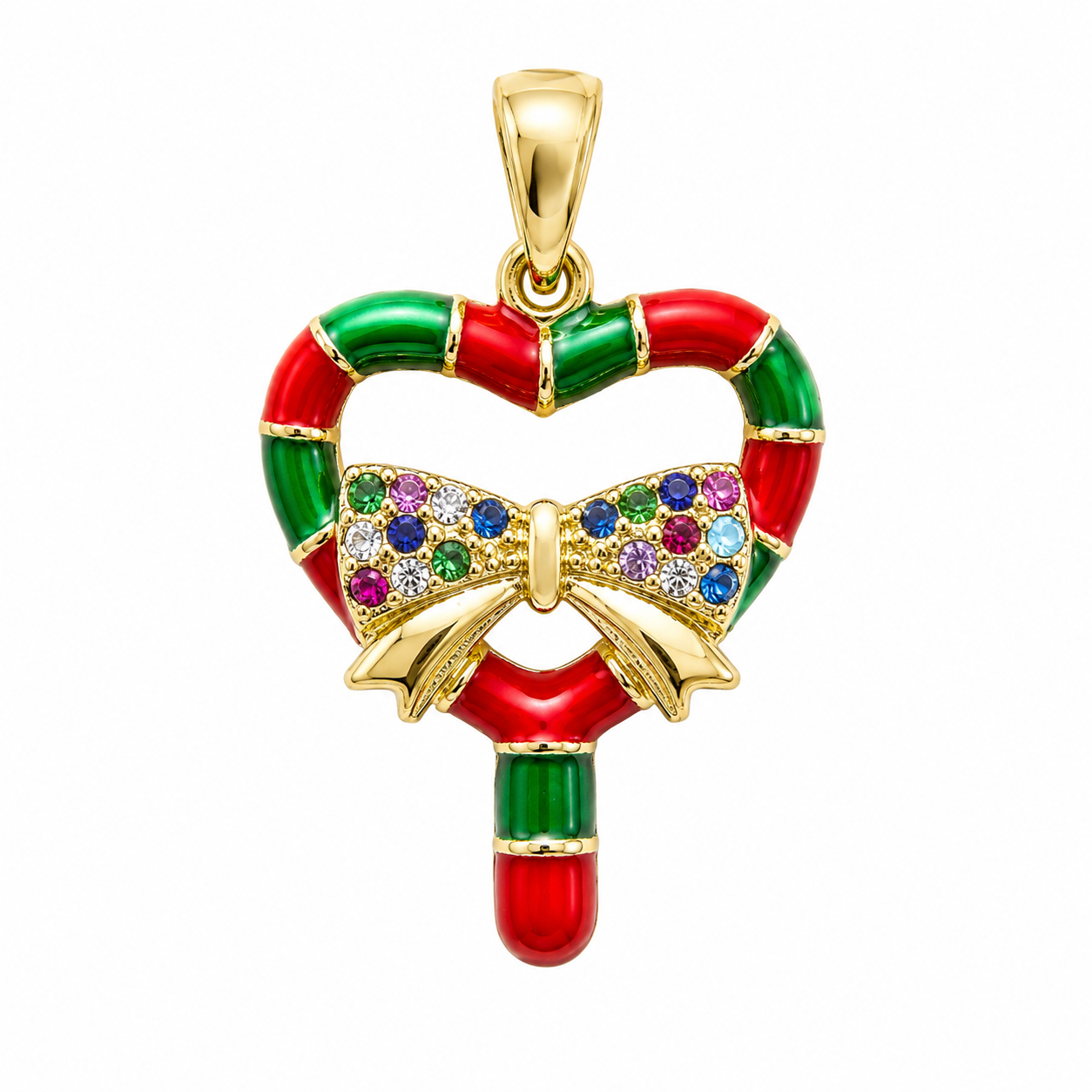 Heart Cane Wreath Holiday Charm Necklace, Red & Green Enamel Bow Pendant with Multicolor Crystal Inlay Festive Statement Jewelry