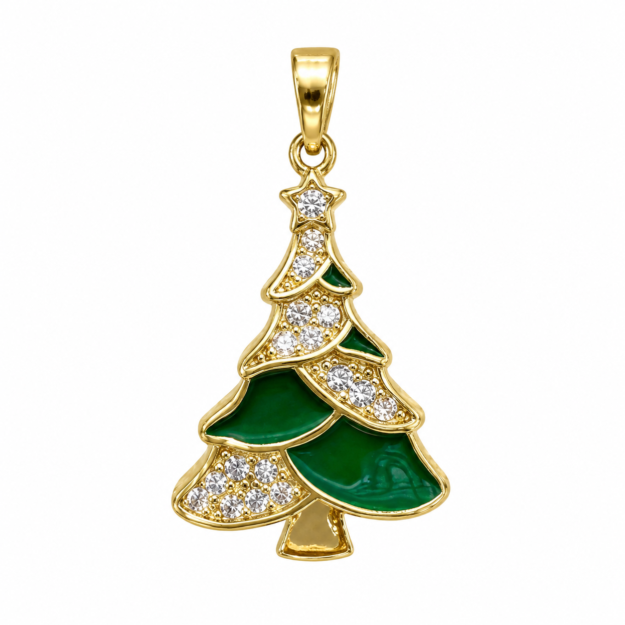 Gold Plated Christmas Tree Pendant Necklace with Green Enamel & CZ Stones, Holiday Jewelry Gift for Women