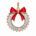 Christmas Collection | Item 04 — Red Bow Crystal Wreath Pendant Necklace, Gold Frame with Baguette CZ Holiday Statement Piece