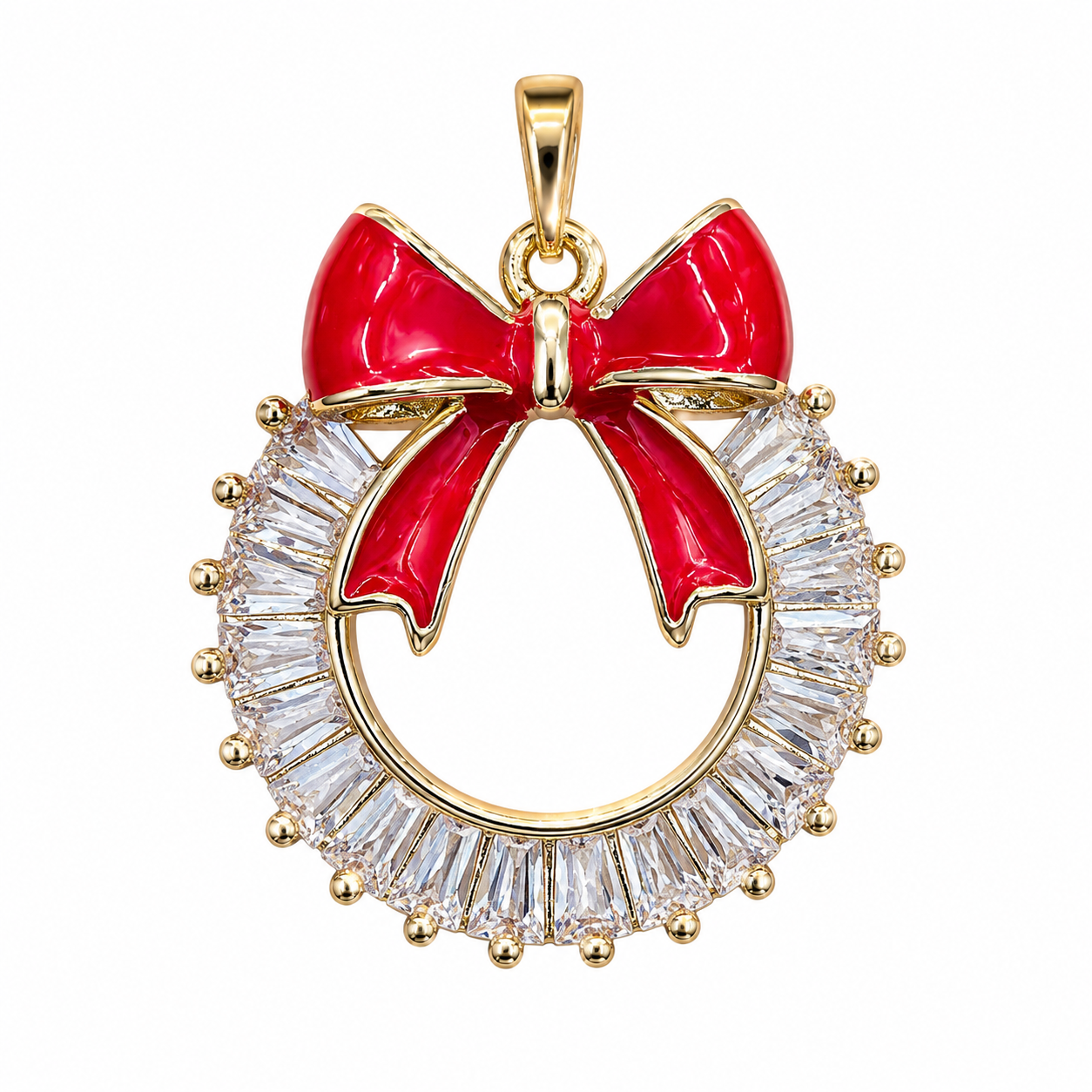Christmas Collection | Item 04 — Red Bow Crystal Wreath Pendant Necklace, Gold Frame with Baguette CZ Holiday Statement Piece
