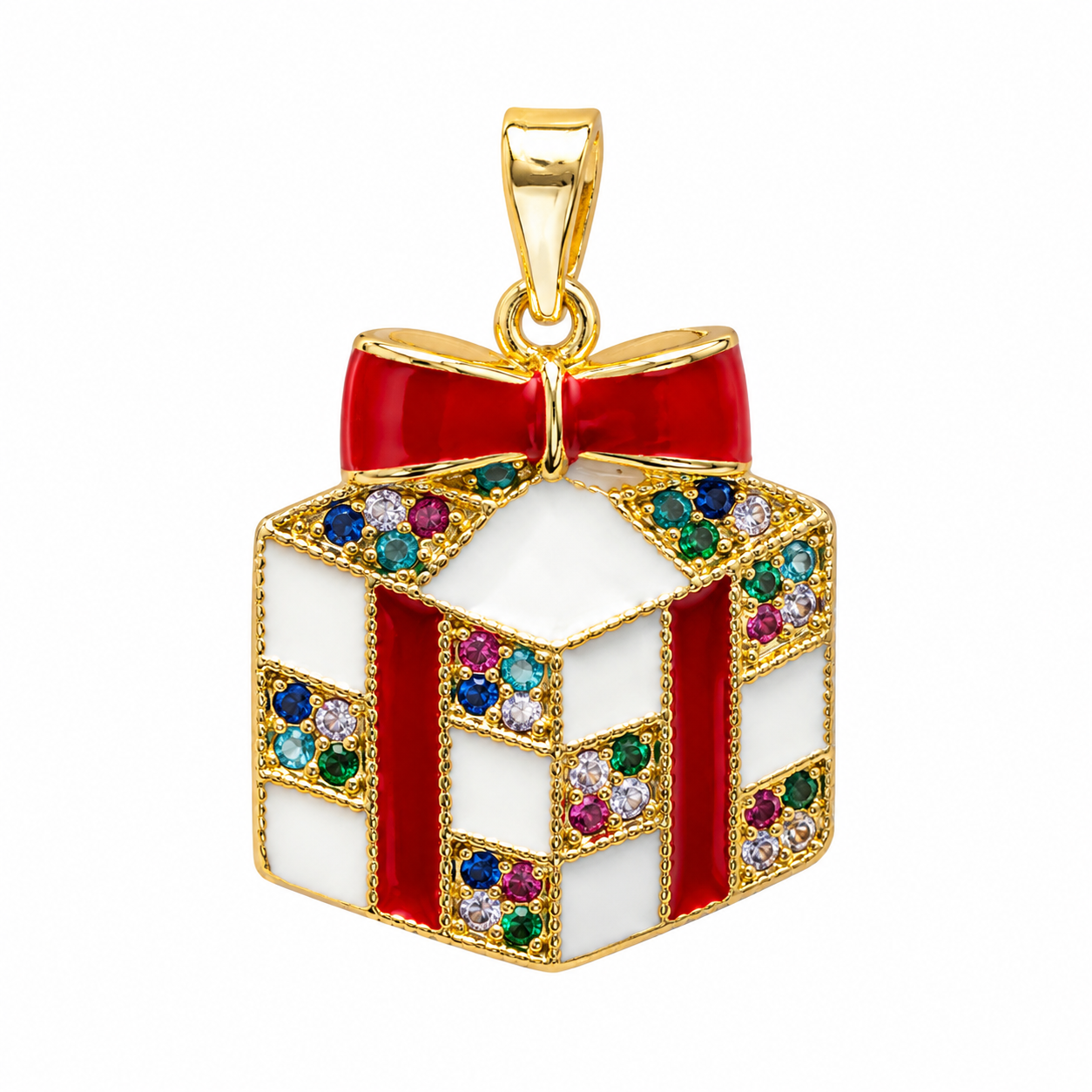 A Wrapped Holiday Wish — Red Ribbon Gift Box Pendant with Colorful Crystals, Enamel Art Jewelry Charm in Gold Frame