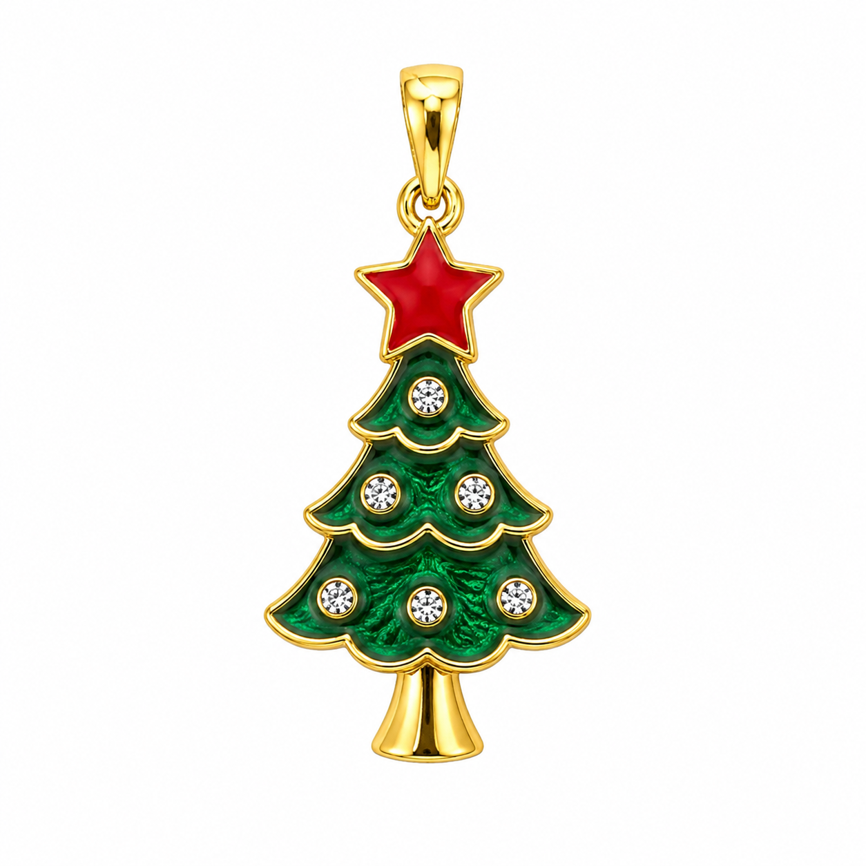A Winter Story in Green and Gold — Christmas Tree Pendant with Star Top & Teardrop Crystal Drop, Handmade Holiday Charm Jewelry