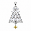 Silver-tone Christmas Tree Pendant with Multi-layer Bow Design, Pavé CZ Inlay & Yellow Drop Stone Accent Festive Jewelry Charm