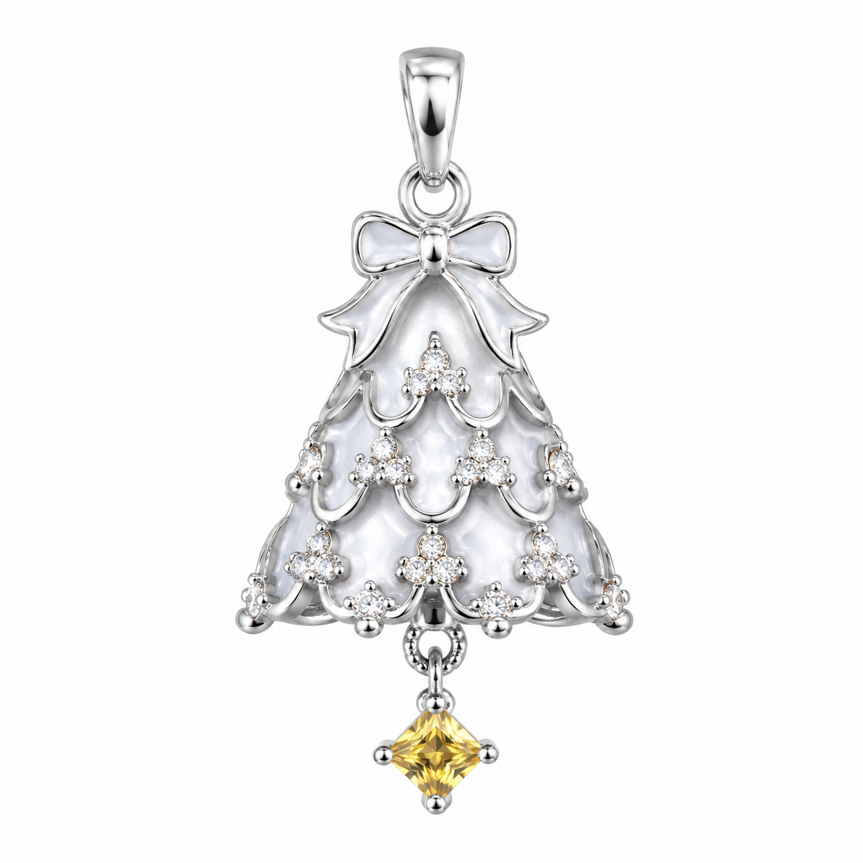Silver-tone Christmas Tree Pendant with Multi-layer Bow Design, Pavé CZ Inlay & Yellow Drop Stone Accent Festive Jewelry Charm
